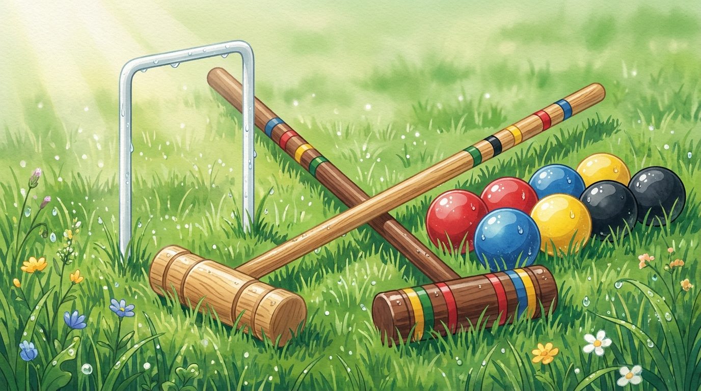 Croquet mallets, hoop and coloured balls on a green lawn