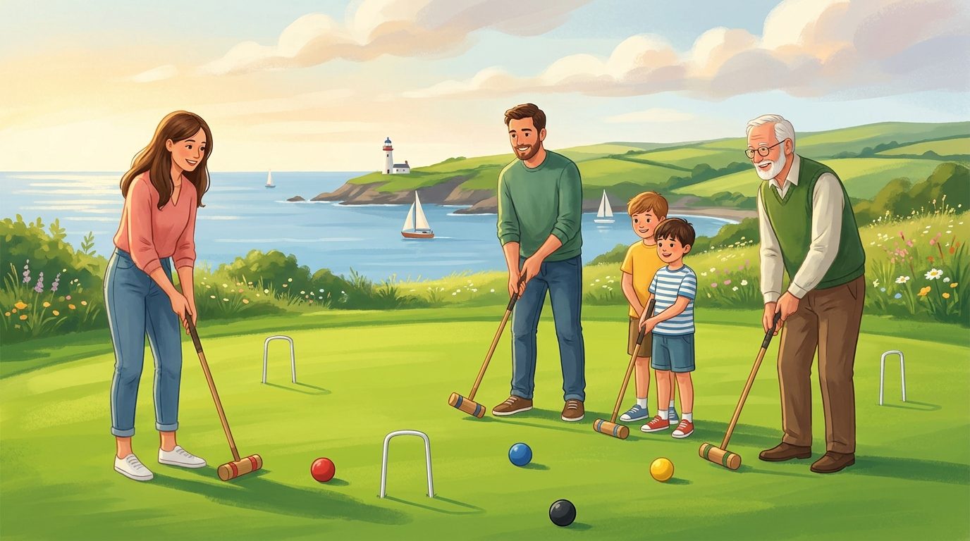 Players enjoying a game of croquet on a green lawn overlooking the Waterford coast